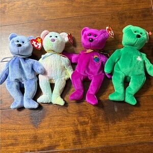 Ty Beanie Babies Plush Bears in Blue, Cream, Purple, and Green